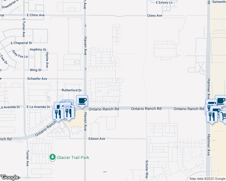 map of restaurants, bars, coffee shops, grocery stores, and more near 3879 South Sunrise Avenue in Ontario