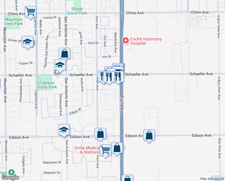 map of restaurants, bars, coffee shops, grocery stores, and more near 6939 Schaefer Avenue in Chino