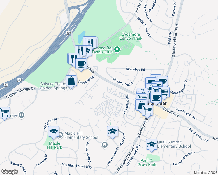 map of restaurants, bars, coffee shops, grocery stores, and more near 1182 Chisolm Trail Drive in Diamond Bar