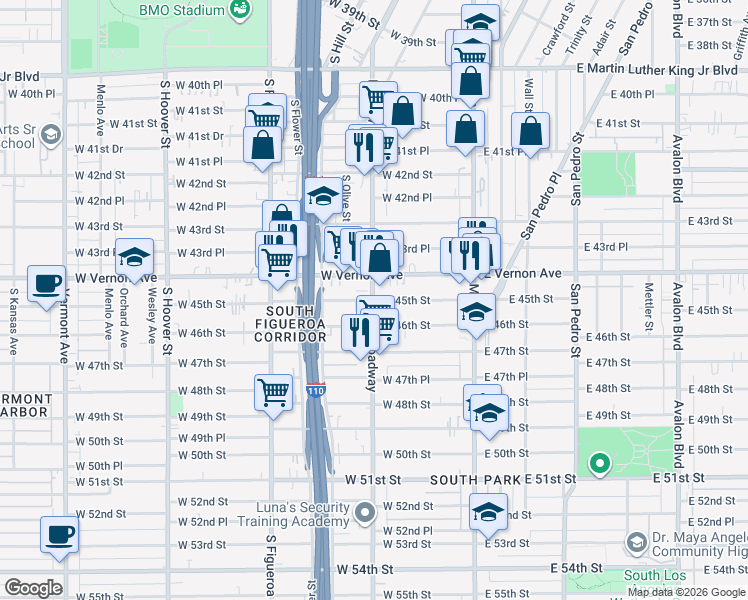 map of restaurants, bars, coffee shops, grocery stores, and more near 4400 South Broadway in Los Angeles