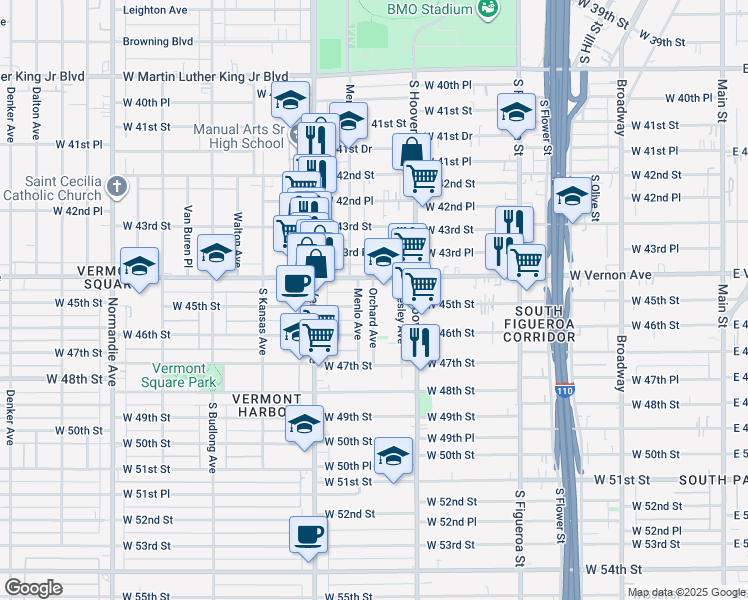map of restaurants, bars, coffee shops, grocery stores, and more near 868 West Vernon Avenue in Los Angeles