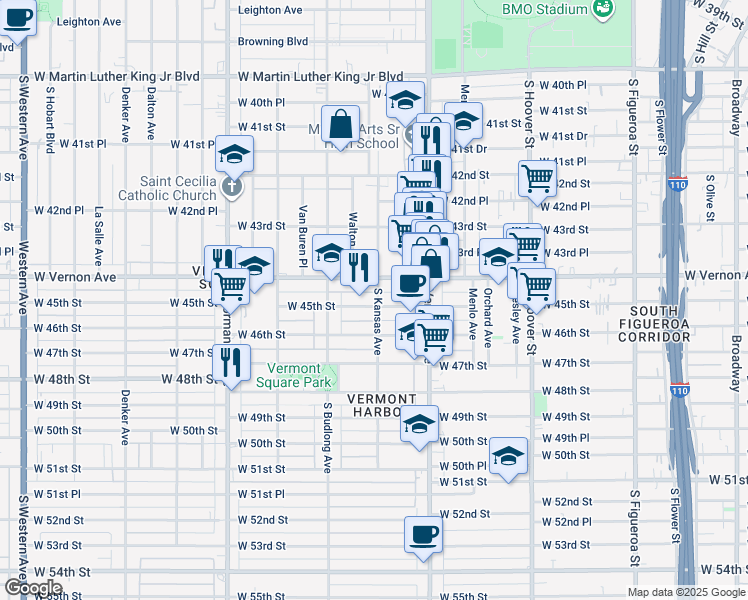 map of restaurants, bars, coffee shops, grocery stores, and more near 1116 West Vernon Avenue in Los Angeles