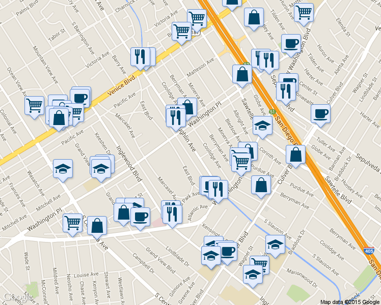 map of restaurants, bars, coffee shops, grocery stores, and more near 4038 McLaughlin Avenue in Los Angeles