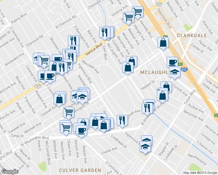 map of restaurants, bars, coffee shops, grocery stores, and more near 3995 East Boulevard in Los Angeles