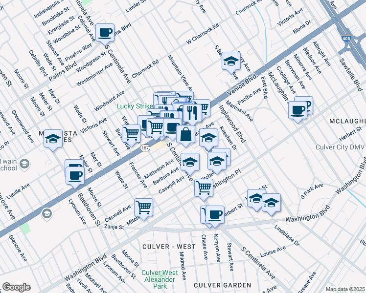 map of restaurants, bars, coffee shops, grocery stores, and more near 12317 Pacific Avenue in Los Angeles