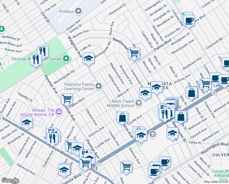 map of restaurants, bars, coffee shops, grocery stores, and more near 3529 Ashwood Avenue in Los Angeles