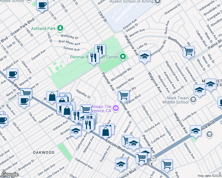 map of restaurants, bars, coffee shops, grocery stores, and more near 1533 Penmar Avenue in Los Angeles
