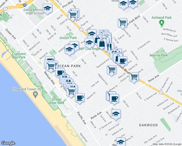 map of restaurants, bars, coffee shops, grocery stores, and more near 2727 6th Street in Santa Monica