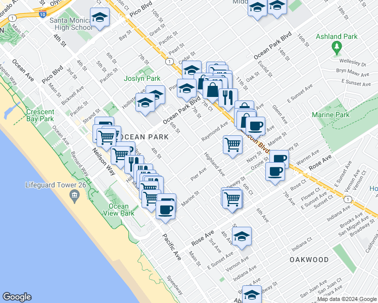 map of restaurants, bars, coffee shops, grocery stores, and more near 2727 6th Street in Santa Monica