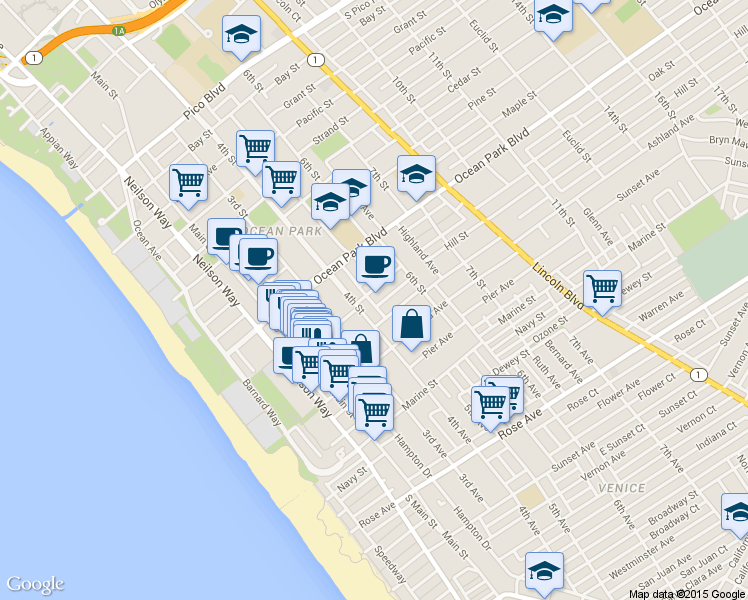 map of restaurants, bars, coffee shops, grocery stores, and more near 504 Hill Street in Santa Monica