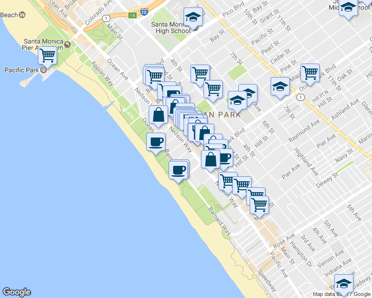 map of restaurants, bars, coffee shops, grocery stores, and more near in Santa Monica