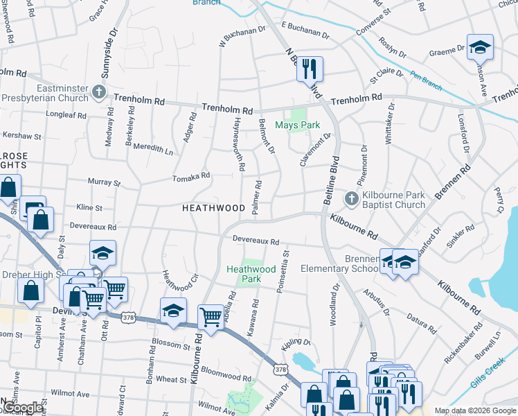 map of restaurants, bars, coffee shops, grocery stores, and more near 3905 Kenilworth Road in Columbia