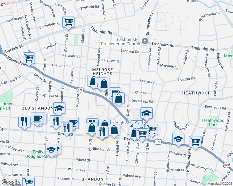 map of restaurants, bars, coffee shops, grocery stores, and more near 1120 Butler Street in Columbia