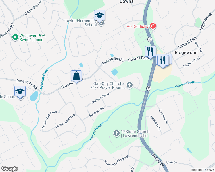 map of restaurants, bars, coffee shops, grocery stores, and more near 450 Tara Oaks Court in Lawrenceville