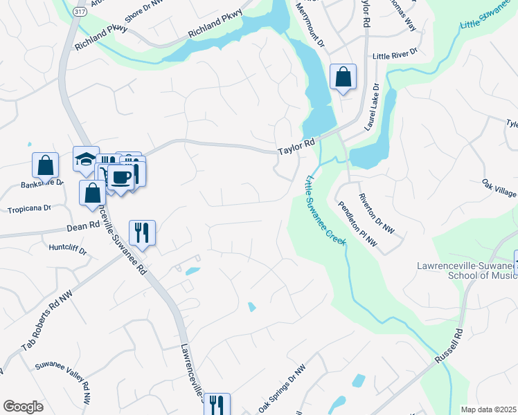 map of restaurants, bars, coffee shops, grocery stores, and more near 440 Hunt River Way in Suwanee