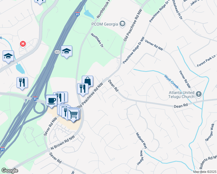 map of restaurants, bars, coffee shops, grocery stores, and more near 1203 Penhurst Way in Lawrenceville