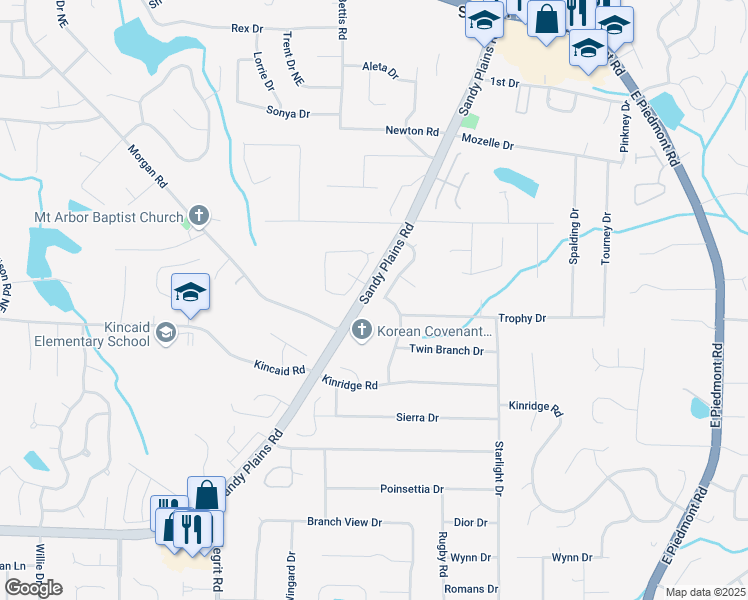 map of restaurants, bars, coffee shops, grocery stores, and more near 2071 Arrowhead Trail in Marietta