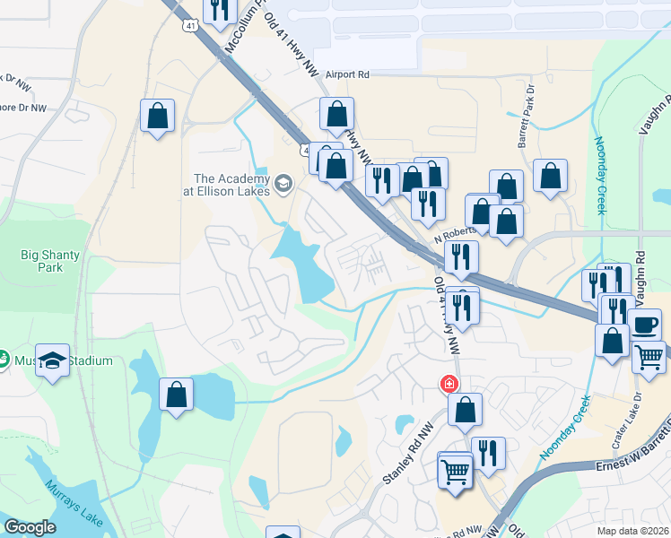 map of restaurants, bars, coffee shops, grocery stores, and more near 2070 Attic Parkway in Kennesaw