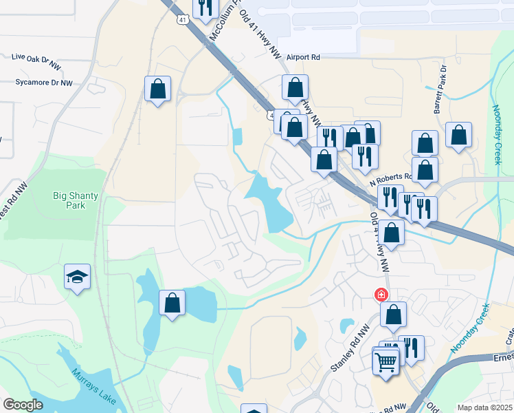 map of restaurants, bars, coffee shops, grocery stores, and more near 1986 Lakeshore Overlook Circle Northwest in Kennesaw