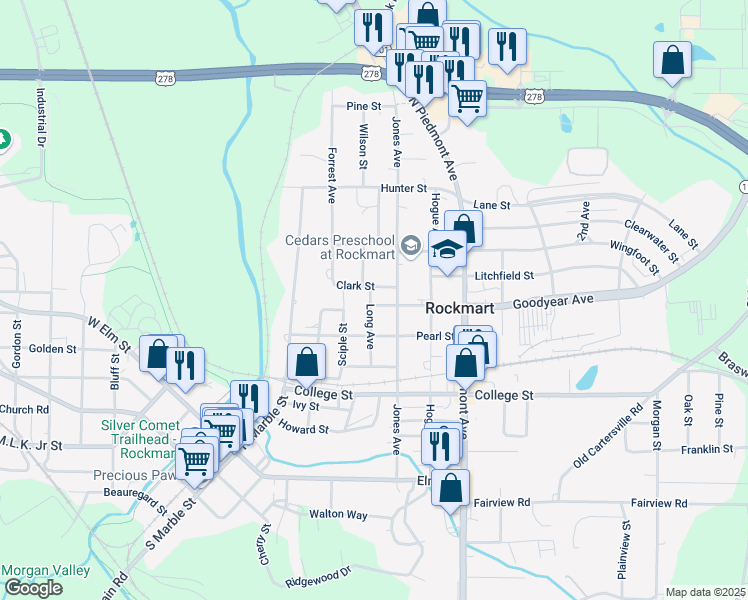 map of restaurants, bars, coffee shops, grocery stores, and more near 402 Goodyear Avenue in Rockmart