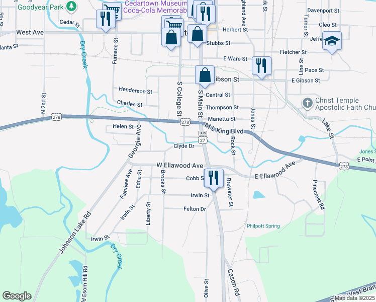 map of restaurants, bars, coffee shops, grocery stores, and more near 1002 South Main Street in Cedartown