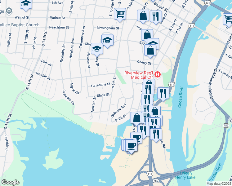 map of restaurants, bars, coffee shops, grocery stores, and more near 521 Grand Avenue in Gadsden