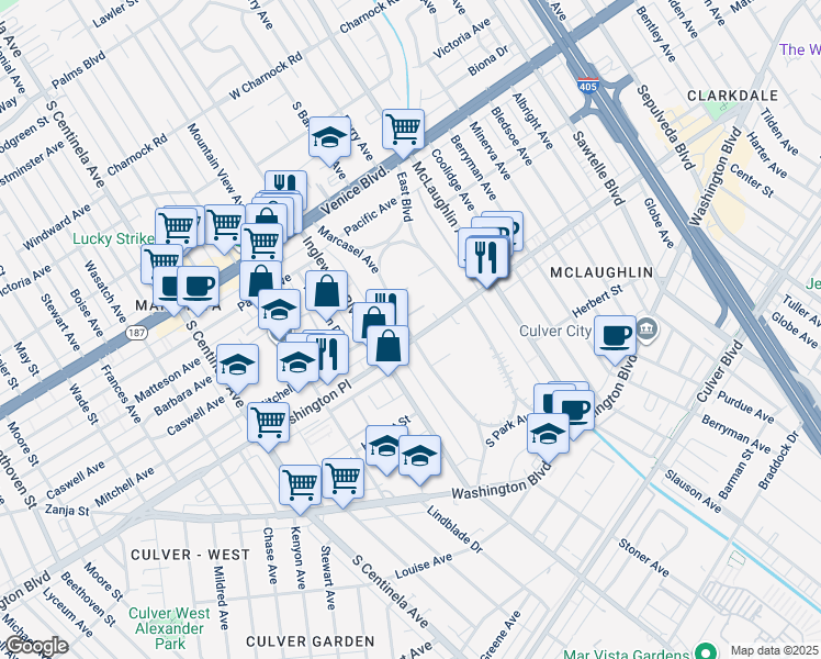 map of restaurants, bars, coffee shops, grocery stores, and more near 3990 Marcasel Avenue in Los Angeles