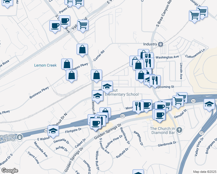 map of restaurants, bars, coffee shops, grocery stores, and more near 20801 Lycoming Street in Diamond Bar