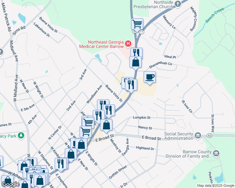 map of restaurants, bars, coffee shops, grocery stores, and more near 21 Buena Vista Street in Winder
