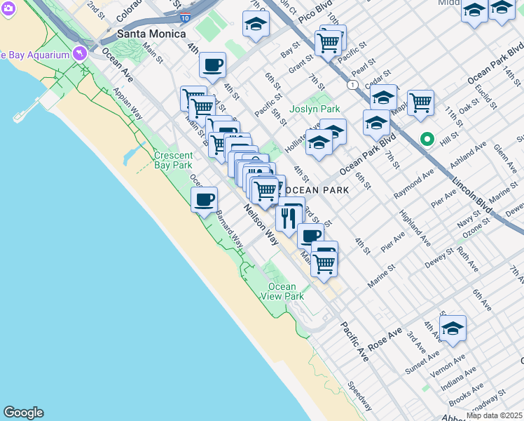 map of restaurants, bars, coffee shops, grocery stores, and more near 2439 Main Street in Santa Monica