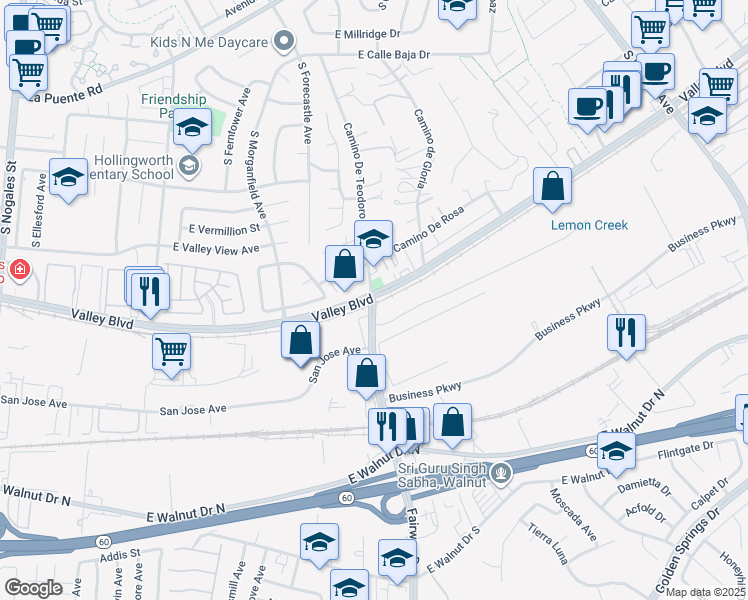 map of restaurants, bars, coffee shops, grocery stores, and more near 704 Fairway Drive in City of Industry