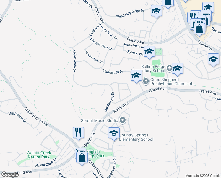 map of restaurants, bars, coffee shops, grocery stores, and more near 13776 Monteverde Drive in Chino Hills