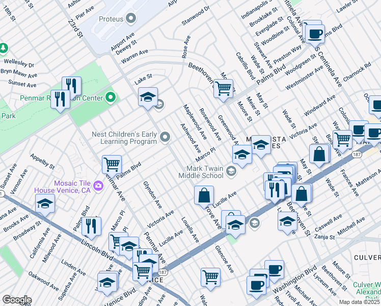 map of restaurants, bars, coffee shops, grocery stores, and more near 3529 Ashwood Avenue in Los Angeles