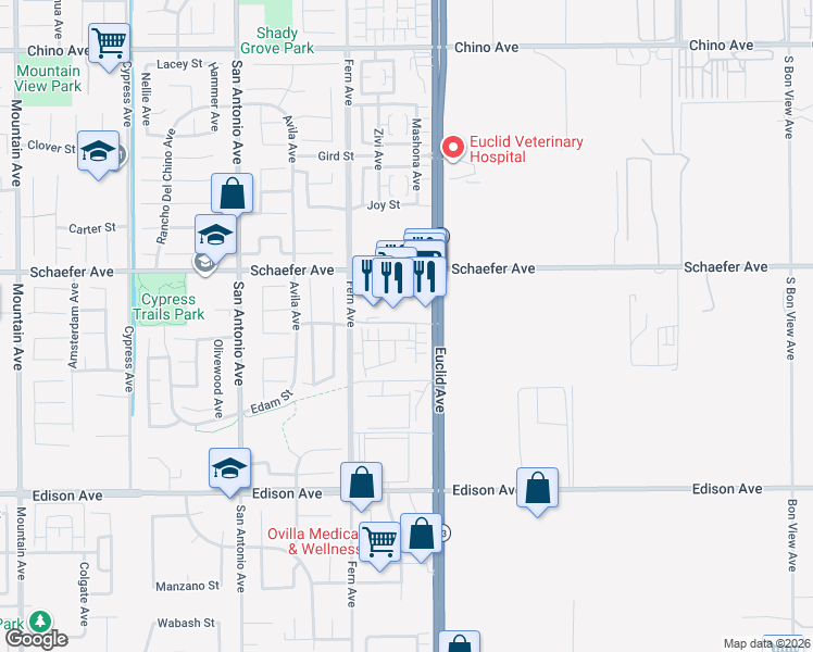 map of restaurants, bars, coffee shops, grocery stores, and more near 6939 Schaefer Avenue in Chino