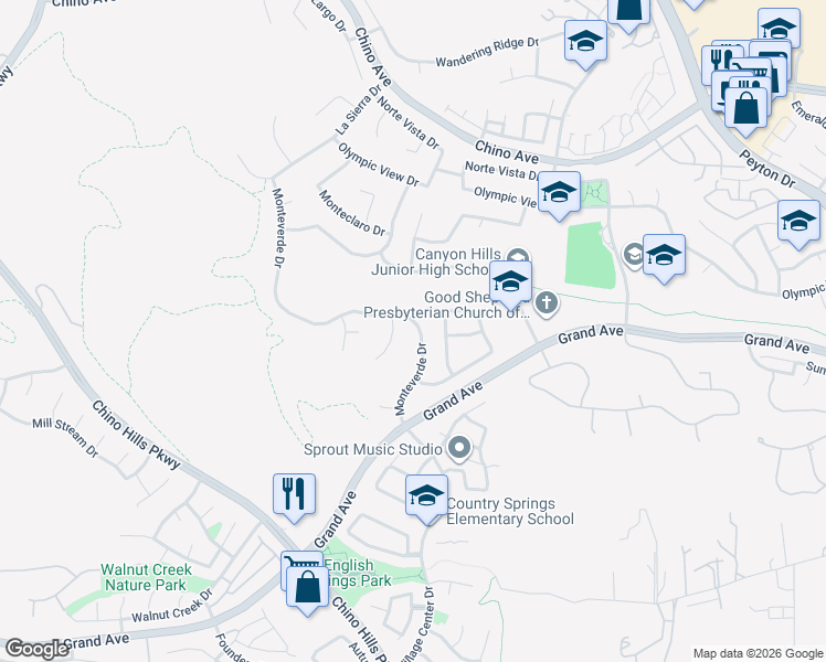 map of restaurants, bars, coffee shops, grocery stores, and more near 2328 Monteverde Drive in Chino Hills