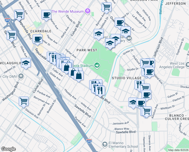 map of restaurants, bars, coffee shops, grocery stores, and more near 11117 Greenlawn Avenue in Culver City
