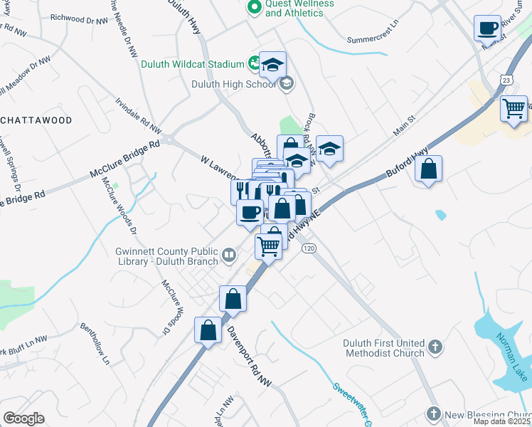 map of restaurants, bars, coffee shops, grocery stores, and more near 3117 Main Street in Duluth