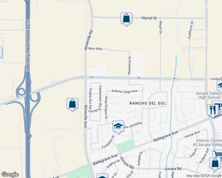 map of restaurants, bars, coffee shops, grocery stores, and more near 11667 Autumn Sage Avenue in Jurupa Valley
