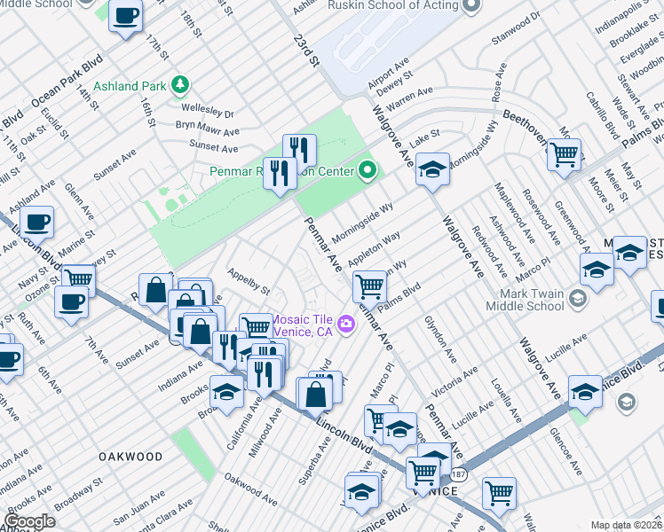 map of restaurants, bars, coffee shops, grocery stores, and more near 1533 Penmar Avenue in Los Angeles