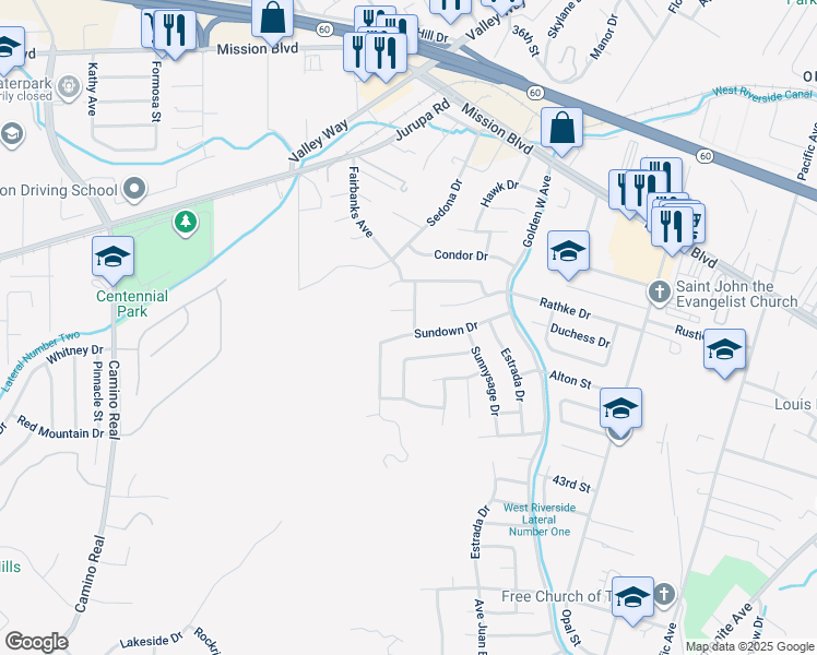map of restaurants, bars, coffee shops, grocery stores, and more near 6923 Sundown Drive in Riverside