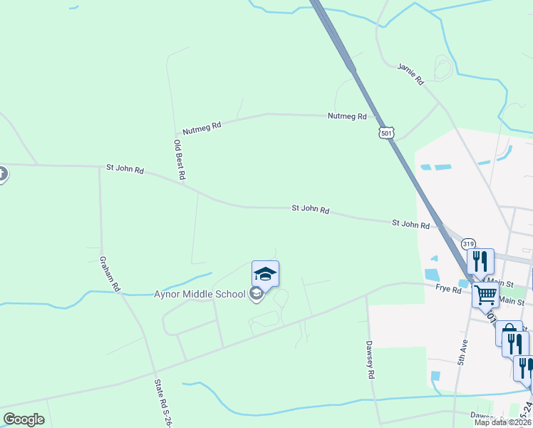 map of restaurants, bars, coffee shops, grocery stores, and more near 411 Saint John Road in Galivants Ferry