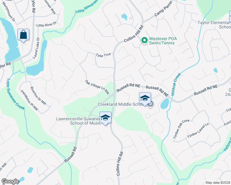 map of restaurants, bars, coffee shops, grocery stores, and more near 15 Russell Road Northeast in Lawrenceville