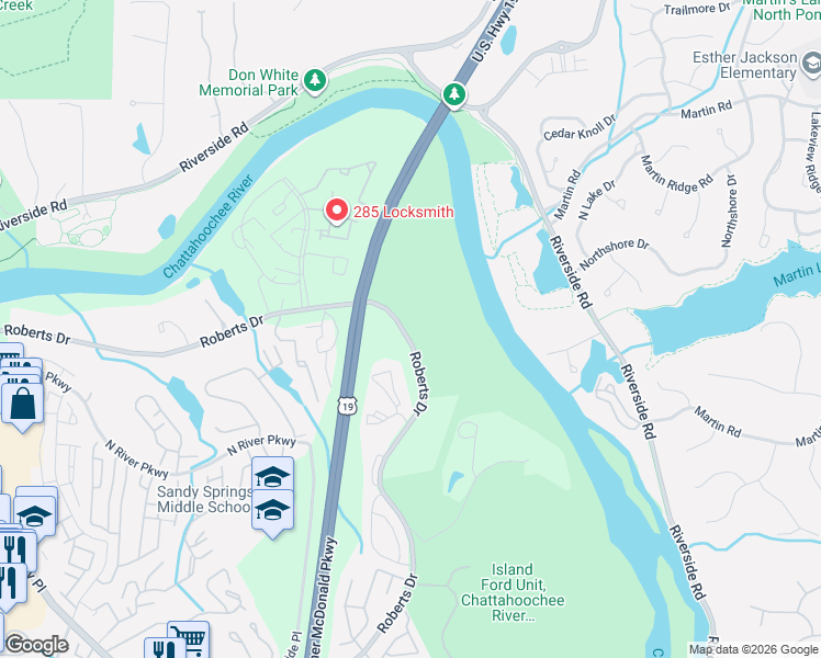 map of restaurants, bars, coffee shops, grocery stores, and more near 9280 Roberts Drive in Atlanta