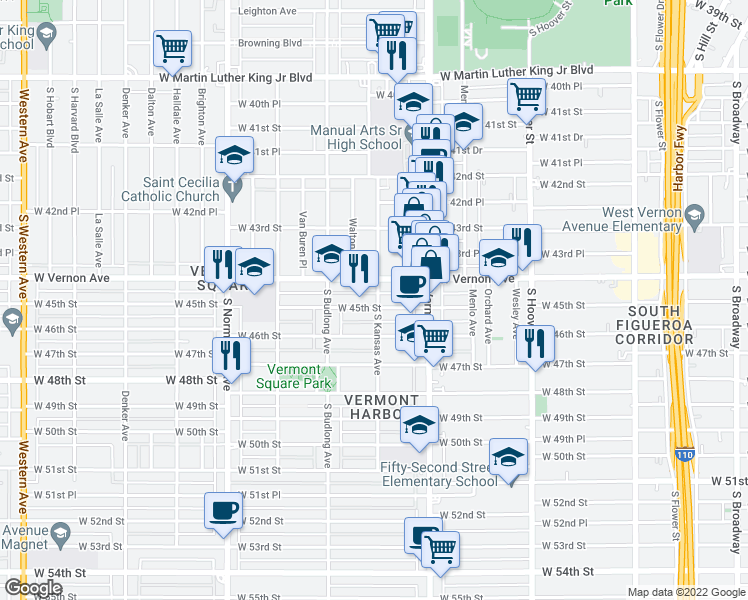 map of restaurants, bars, coffee shops, grocery stores, and more near 1101 West 45th Street in Los Angeles