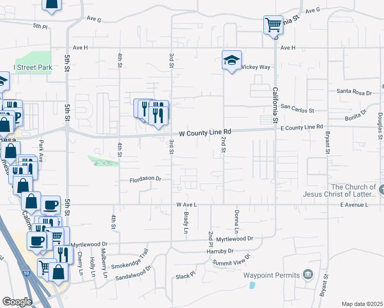 map of restaurants, bars, coffee shops, grocery stores, and more near 210 El Serene Lane in Calimesa