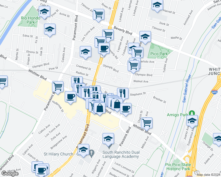 map of restaurants, bars, coffee shops, grocery stores, and more near 9127 Hightree Street in Pico Rivera
