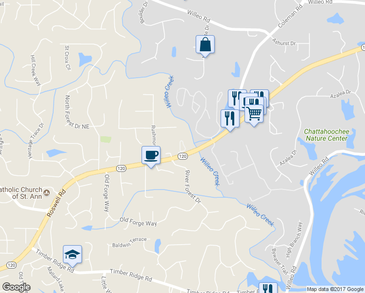 map of restaurants, bars, coffee shops, grocery stores, and more near 2170 Watercrest Commons Circle in Marietta