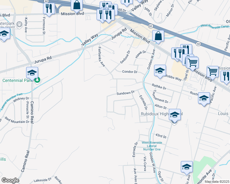 map of restaurants, bars, coffee shops, grocery stores, and more near 6923 Sundown Drive in Riverside