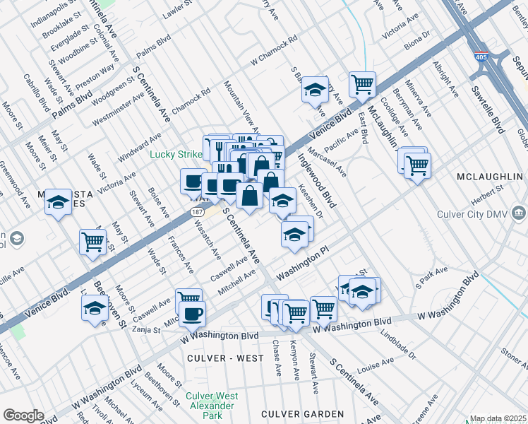 map of restaurants, bars, coffee shops, grocery stores, and more near 12218 Pacific Avenue in Los Angeles