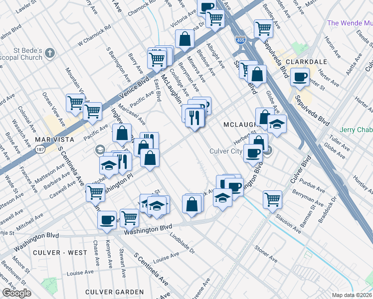 map of restaurants, bars, coffee shops, grocery stores, and more near 4029 East Boulevard in Los Angeles